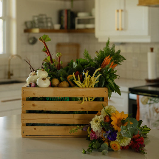 Bountiful box (vegetables, flower bouquet and eggs)